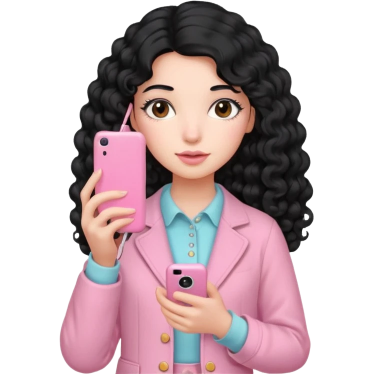 Girl with long curly black hair and vintage pastel pink clothing Holding a pink cell phone emoji