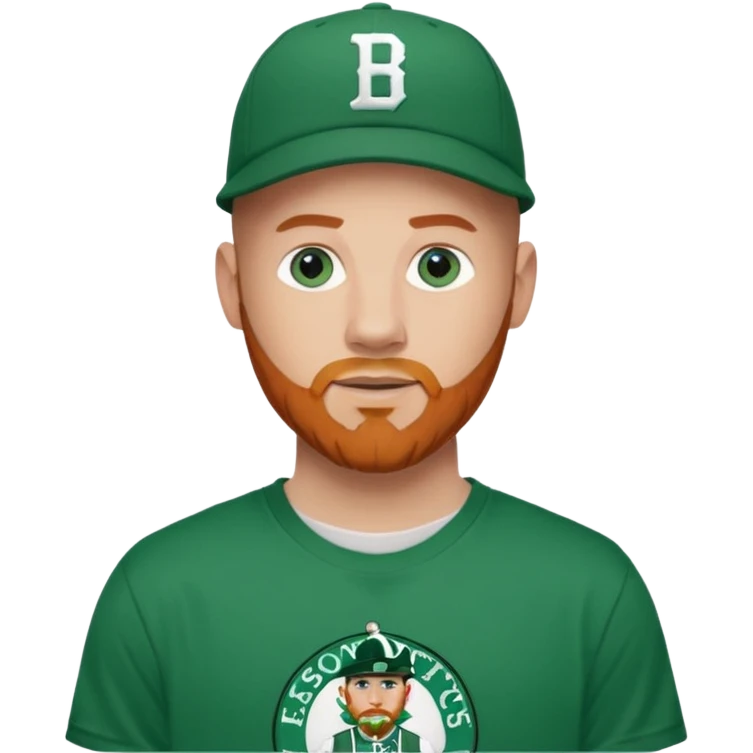 Bald white man with ginger beard and blue eyes in Jason Tatum Boston Celtics jersey over tshirt with Boston Celtics basketball logo on cap emoji