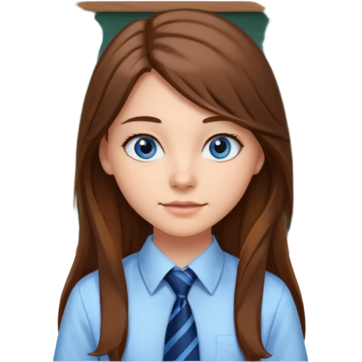 high school class room with a blackboard, with a pretty female high school student with long brown hair, blue eyes, wearing a tie emoji