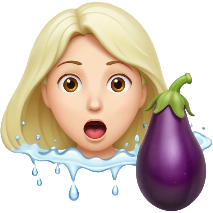 woman with open mouth, eggplant squirting water, surprised expression emoji