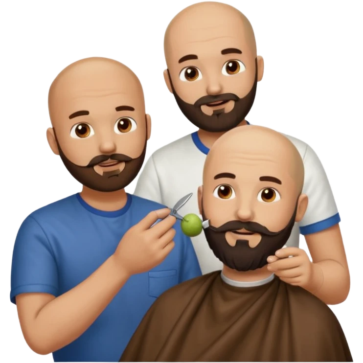 A bald man with a dark brown beard cutting someone’s hair at a barber shop and the other guy is eating a small poop ball in his hand emoji
