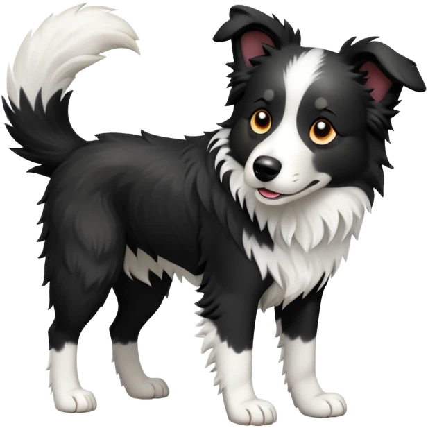 cinematic-[border collie dog]-realistic-full-body-sitting-emoji,-tail-resting-loosely-beside-its-paws,-head-tilted-dramatically,-scruffy-[black and white]-fur,-simplified-yet-realistic-focused-features,-highly-detailed,-glowing-with-an-almost-sarcastic-glow emoji