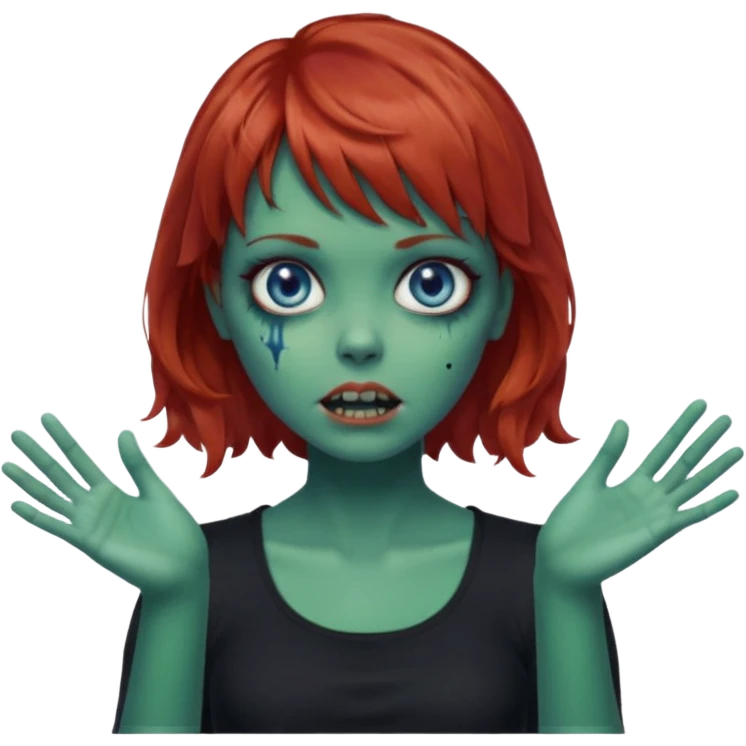 Zombie girl emoji with short red hair and bangs. Blue eyes, green skin, and a black top Her hair is slightly wavy and she has her hands outstretched in front of her.  emoji