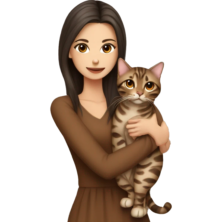 Beautiful skinny woman long dark brown hair in brown dress hug bengal cat emoji