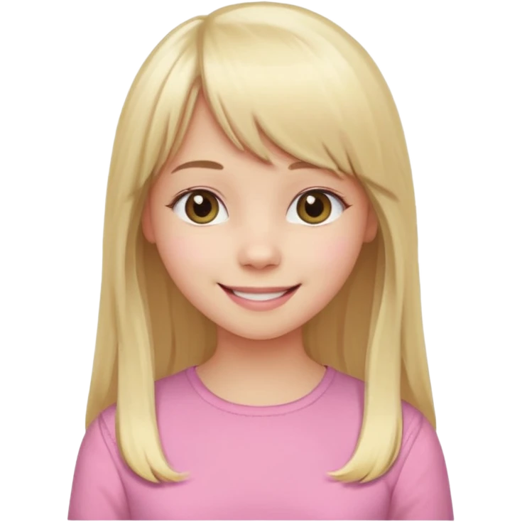 Menina branca de cabelo loiro longo de franja na testa sorrindo blusa rosa emoji