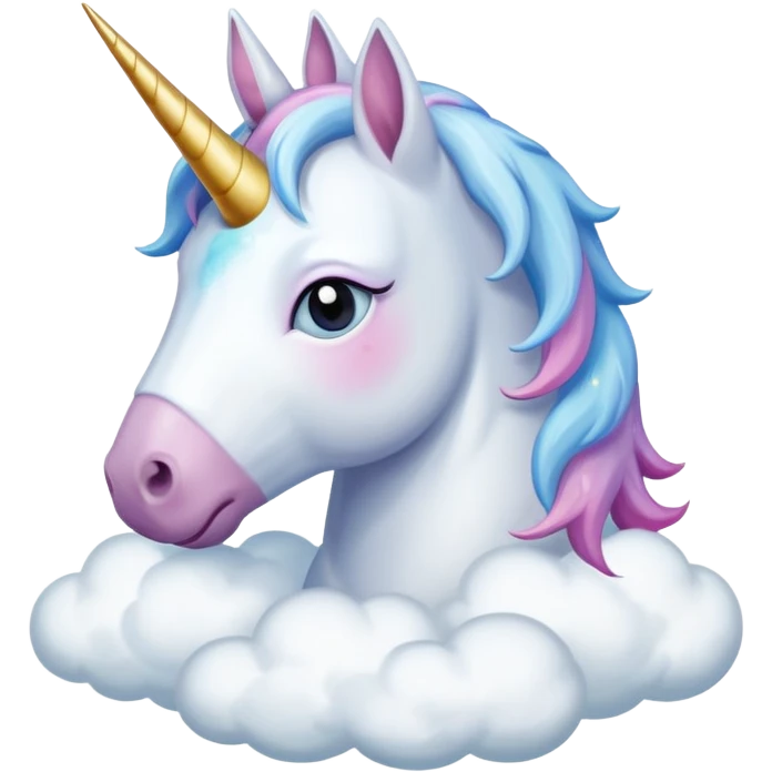 A unicorn flying through clouds, sad, cry tear from eyes, portrait, bust up emoji