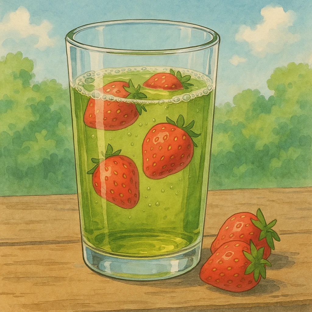 realistic glass of green tea with strawberries in ghibli style emoji
