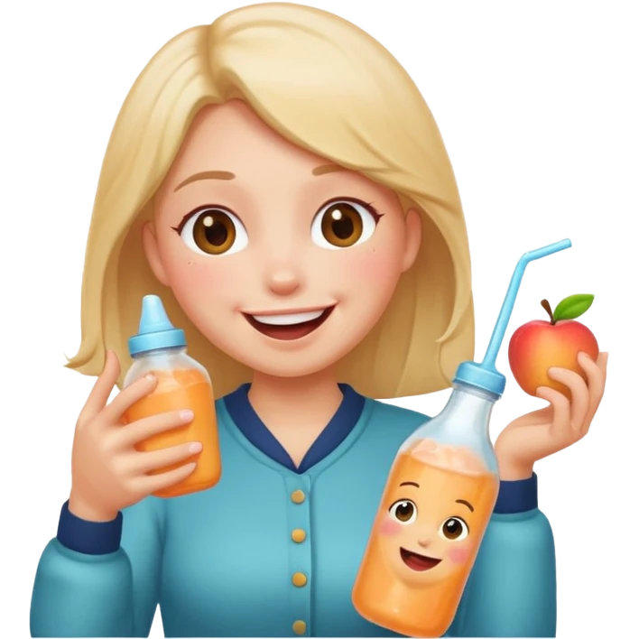 smiling emoji with blushing cheeks, cute begging face, holding a bottle labeled 'Syx Peach Ice', laughing, apple emoji style emoji
