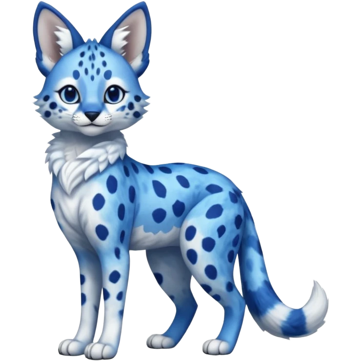 realistic, furry, big-eyed Cobalt-blue, sapphire-blue-spotted, white-pointed, exotic Serval-sergal-Trico-fusion-animal-hybrid, full body, with a gradient sky-blue fur coat emoji