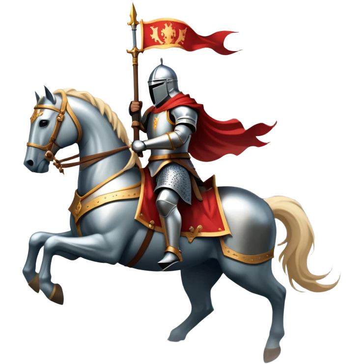 An icon representing an adventure game, inspired by medieval fantasy worlds. The design features a noble knight in gleaming armor, riding a powerful warhorse through a misty battlefield. The backdrop includes towering castles and banners flying in the wind, evoking a sense of honor, duty, and epic quests. Transparent background. emoji