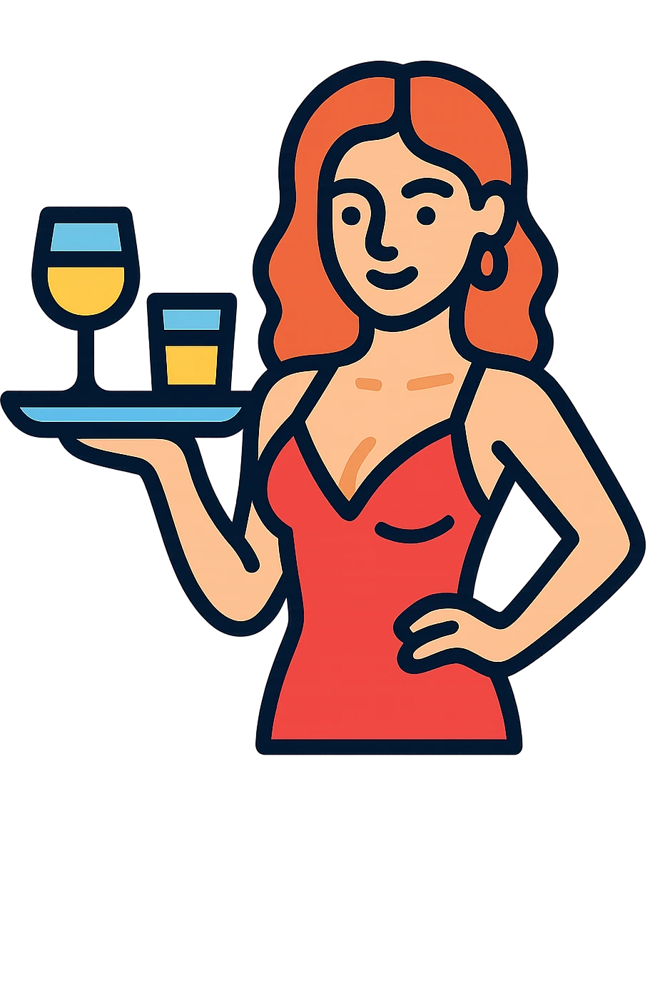 icon of a sexy bar girl serving drinks, stylish, confident, playful, modern icon design, clean lines, minimalistic color outlined style emoji