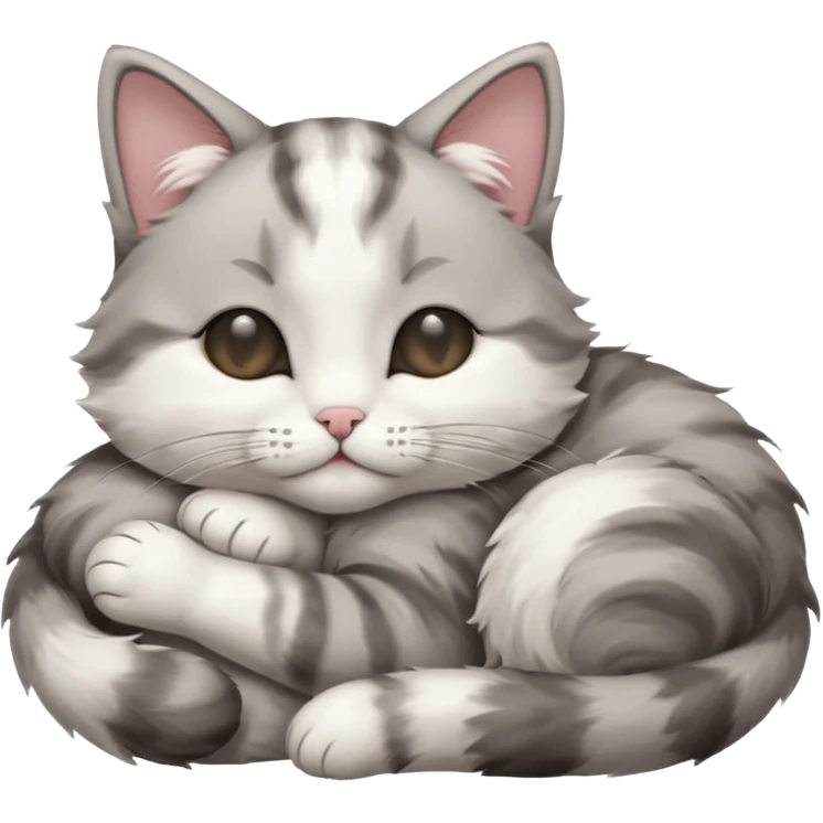 grey and white small cat with its eyes closed lying down with his paw curled under his head holding it up emoji