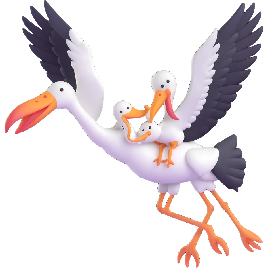 stork flying with a human baby in a bundle, stork in mid-flight with wings wide emoji