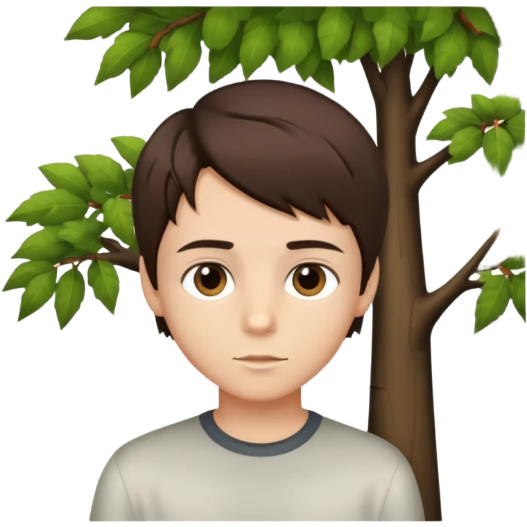boy with straight short brunette hair brown eyes and tree behind emoji