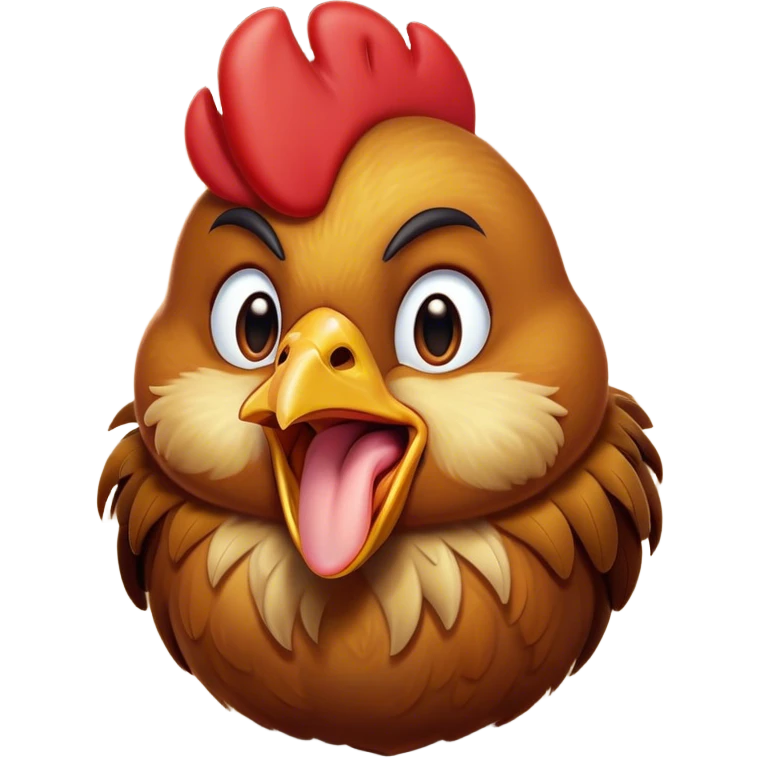 Cinematic Cute Yawning Brown Chicken Portrait Emoji, Head tilted slightly with a dramatic, wide-open yawn, showcasing a soft, fluffy brown plumage with a crisp red comb and gently drooping wings, round beady eyes barely open in drowsy contentment, Simplified yet irresistibly adorable features, highly detailed, glowing with a soft, cozy glow, high shine, relaxed yet expressive, stylized with a touch of whimsical charm, bright and endearing, soft glowing outline, capturing the essence of a sleepy yet affectionate chicken, so drowsy it feels like it could stretch out of the screen and curl up for a nap! emoji