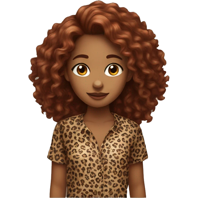 Girl with long burgundy, curly hair, wearing a cheetah print shirt emoji