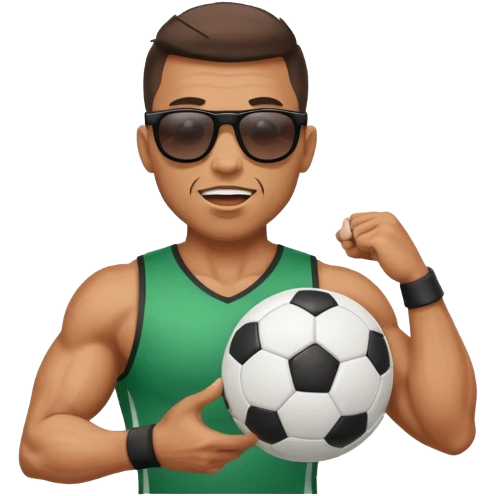 Cane muscoloso con occhiali da sole con un pallone da calcio in bocca emoji