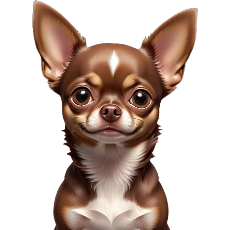 Cinematic Grumpy Chocolate Short Haired Chihuahua Portrait Emoji, Head tilted slightly with a deeply unimpressed expression, thick chocolate fur with a glossy sheen, large, droopy dark eyes narrowed into an unamused glare, ears slightly drooping in exasperation, Simplified yet comically expressive features, highly detailed, glowing with a dry, sarcastic glow, high shine, effortlessly judgmental yet dignified, stylized with a touch of cynicism, bright but brooding, soft glowing outline, capturing the essence of an eternally unimpressed yet endearing pup, so lifelike it feels like it could sigh heavily at you in disdain at any moment! emoji