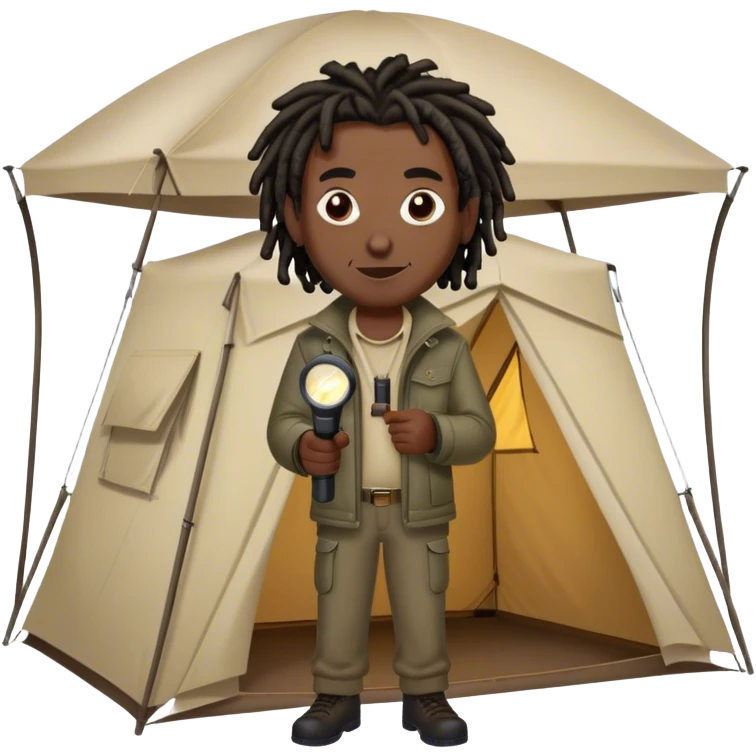 dark skinned black man with short dreads standing over a tent aiming his flashlight at the tent with an evil smile on his face emoji