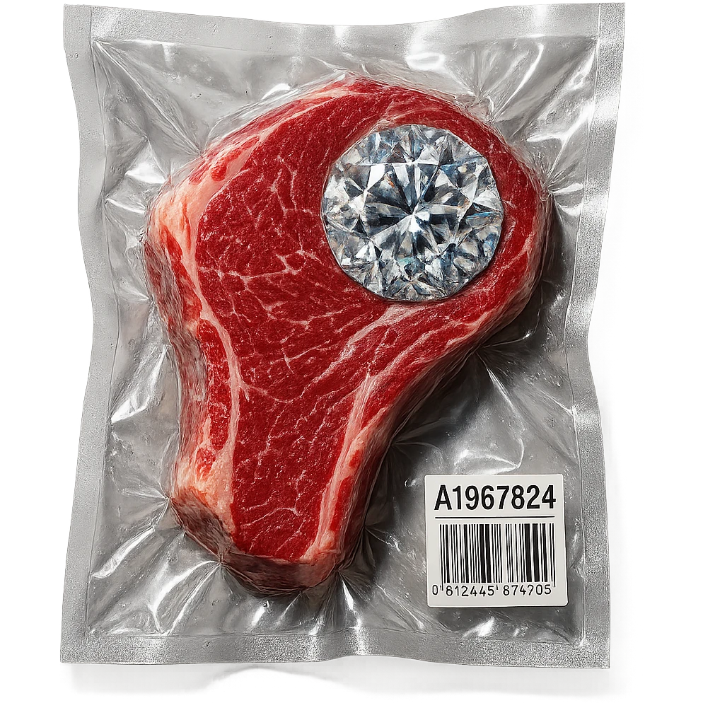 meat steak with sparkling diamond facets, glossy and puffy emoji