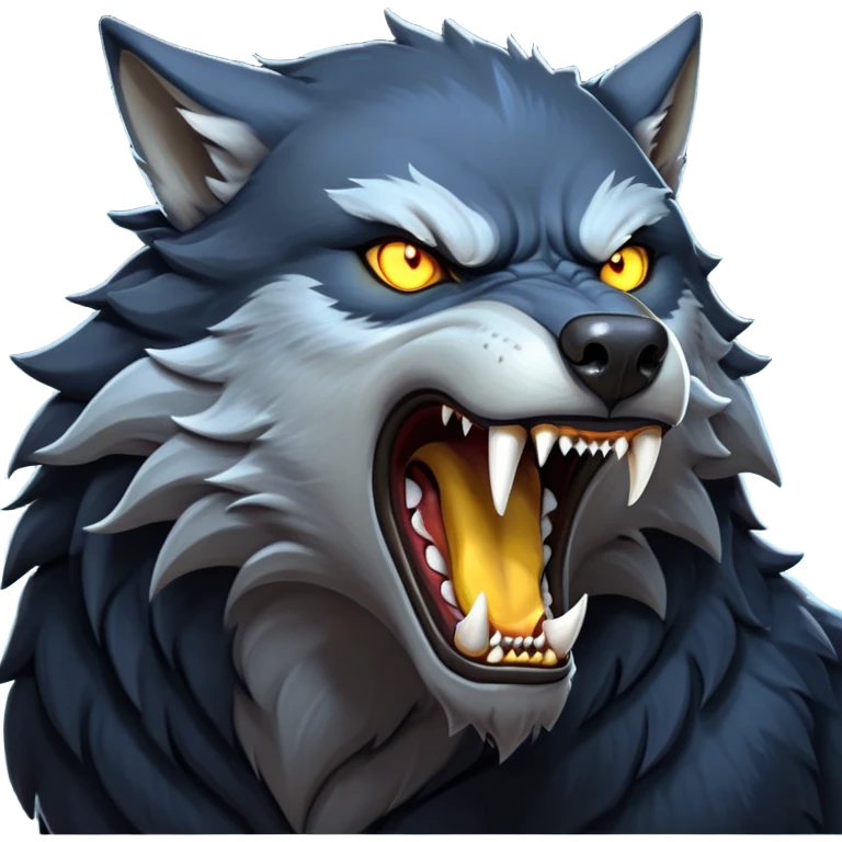 cinematic-noble-fierce-werewolf-howling-portrait-emoji, poised-and-imposing, with a fierce wolfish face tilted upwards in a haunting howl, glowing eyes full of primal ferocity, sharp, elongated fangs bared, and a rugged snout, fur rippling in shades of midnight black and silver, muscles tensed as the powerful howl echoes beneath the moonlit sky; rendered with realism, capturing the raw, untamed power of the beast in its wild, primal state emoji