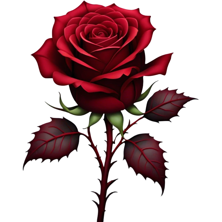 A single Gothic rose, its deep red petals unfolding in shades of scarlet and burgundy, stands alone against a dark, misty backdrop. A flowing black silk ribbon wraps around its thorny stem, adding an air of mystery and elegance. emoji