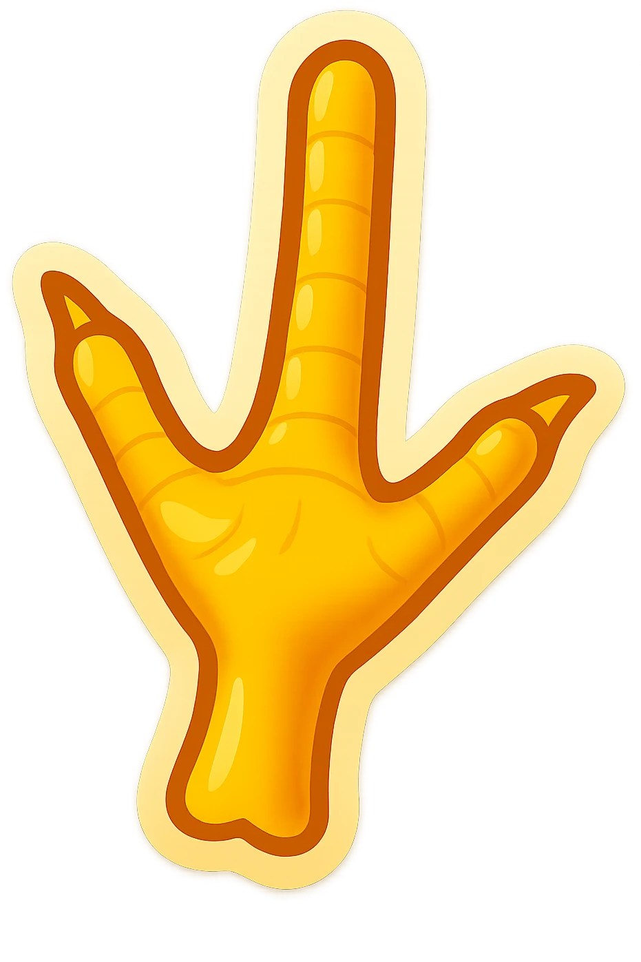 Convert the chicken foot in the image into a classic style emoji. Use a vibrant yellow color, make it simplified but recognizable, with a transparent background. emoji