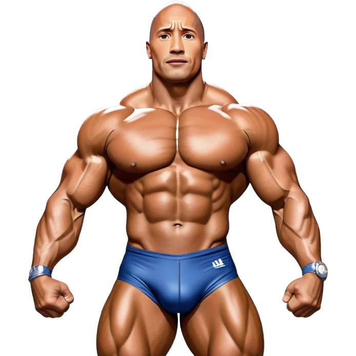 Dwayne 'The Rock' Johnson on stage at the Mr. Universe bodybuilding competition, covered in oil, flexing his powerful muscles. His physique shines under bright stage lights, showcasing his strength and dedication. The audience and judges are blurred in the background. Transparent background. emoji