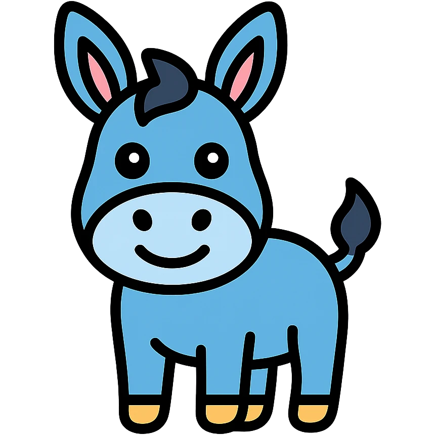 cute blue donkey with big eyes and friendly smile, simple flat design emoji