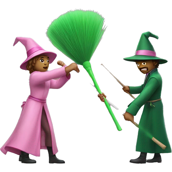 Pink wand duelling a green broom emoji