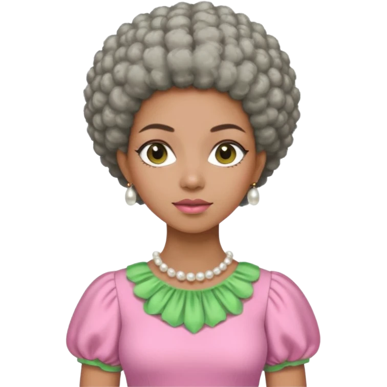 Brown woman with a super short stylish gray Afro  wearing pink and green dress  and pearl blouse with sleeves emoji