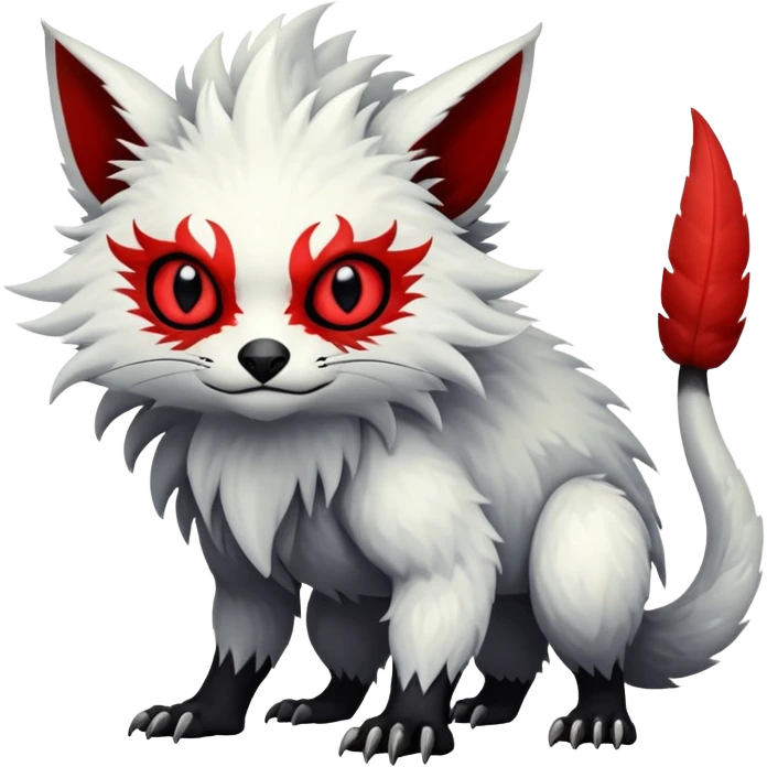 a white exotic edgy vernid-fionbr-Fakémon-creature, with black belly and red eyes, full body emoji