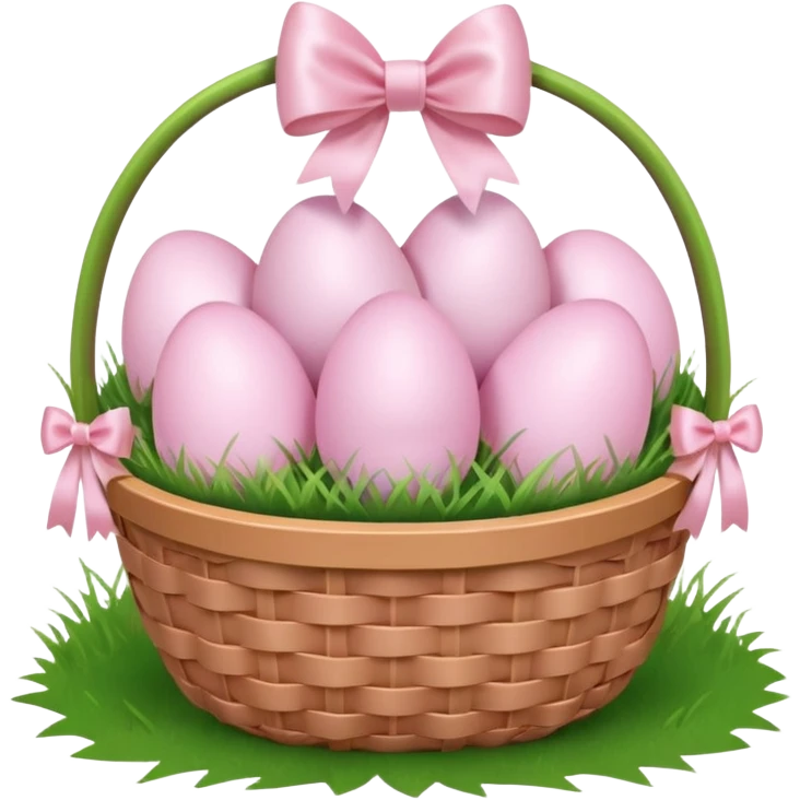 white basket full of light pink easter eggs on grass with a light pink bow emoji