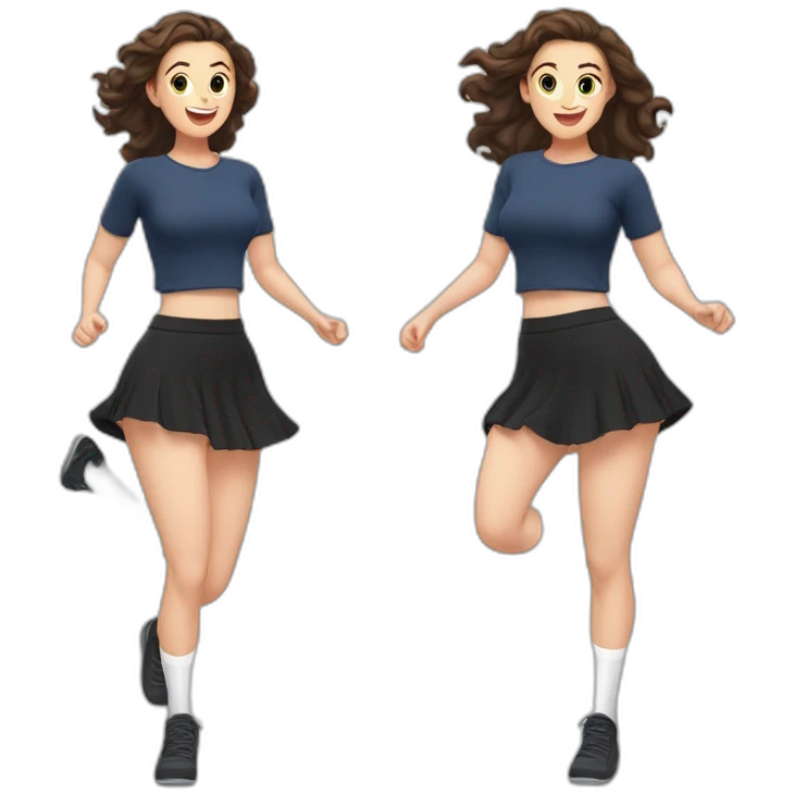 full-body-caucasian-curvy-beauty-jumping-short-black-skirt-back-and-front-views-strong-wind-knickers-long-white-socks emoji