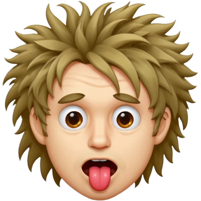 man with wild hair, weird face, and tongue out emoji