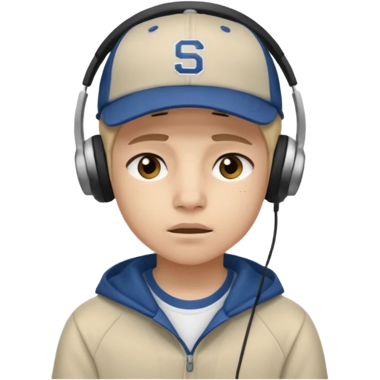 Adolescente com fone no ouvi é um boné, com uma carinha de sono emoji