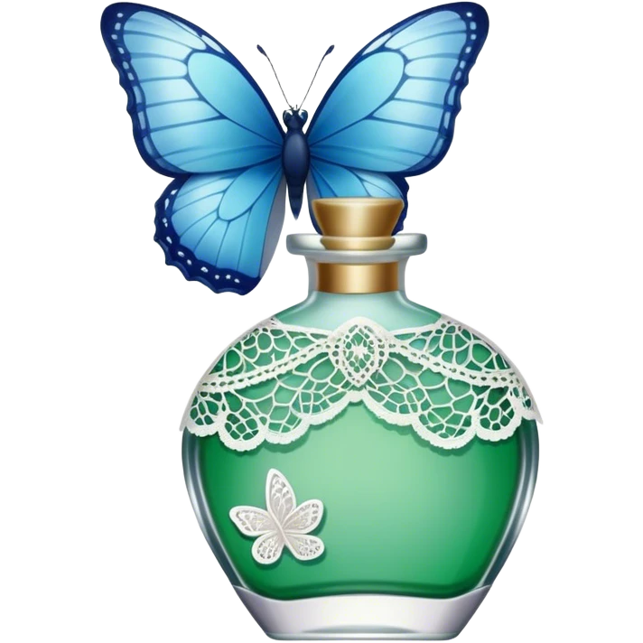 A single delicate blue butterfly resting on the edge of a lace-trimmed green  perfume bottle.
 emoji