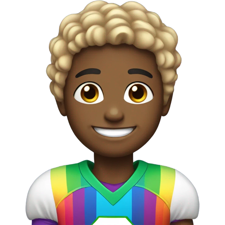 smiling boy with earrings wearing rainbow football jersey emoji