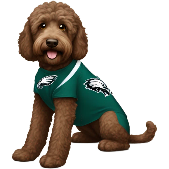  brown Labradoodle wearing a Philadelphia eagles shirt in love  emoji
