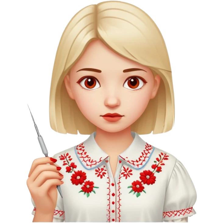 A young Ukrainian girl in a white embroidered shirt holds a red thread and a needle in her hand emoji