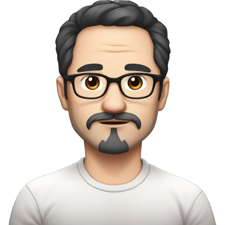 masterpiece, anime style, chibi, illustrated logo, medium short shot, emote for twitch of a 46 year old man, oval face, black hair, wrinkles on forehead, brown eyes, white skin, inky shirt, short hair, glasses
 emoji