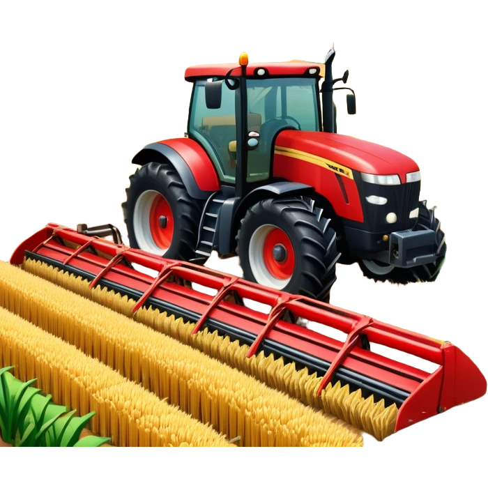 An icon representing a farming simulator, with a detailed tractor plowing fields under a bright sky with rural landscape. The design includes farming tools, crops and barns, symbolizing the immersive experience of managing a farm. Transparent background. emoji