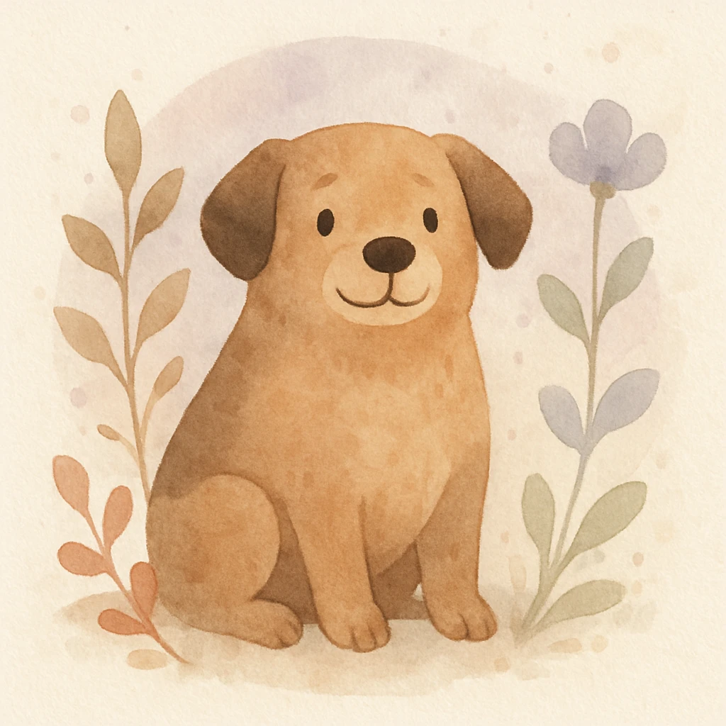 <systemPrompt>
  <style name="Watercolor Botanical Illustration">
    <medium>Watercolor</medium>
    <texture>
      <paper>Soft cotton texture, subtle grain</paper>
      <wash>Transparent color washes with visible layering</wash>
    </texture>
    <palette>
      <primary>Muted earth tones (browns, reds)</primary>
      <accent>Pastel purples and blues</accent>
      <background>Faded lavender wash with scattered dots</background>
    </palette>
    <details>
      <linework>Minimal, soft edges, no outlines</linework>
      <shading>Natural blending, subtle tonal gradients</shading>
      <features>
        <botanical>Organic shapes, abstract leaf and petal structures</botanical>
        <animal>Round forms, friendly expressions, simplified anatomy</animal>
      </features>
    </details>
    <composition>
      <focus>Centered subject</focus>
      <background>Soft circular watercolor wash</background>
      <spacing>Balanced with gentle whitespace</spacing>
    </composition>
    <atmosphere>Whimsical, serene, hand-painted</atmosphere>
  </style>
  <instructions>
    Use this style for all elements in the image. Ensure the soft watercolor texture is preserved across both the subject and background. Emphasize organic, natural forms with minimal sharp detail.
  </instructions>
</systemPrompt>

{subject} = dog emoji