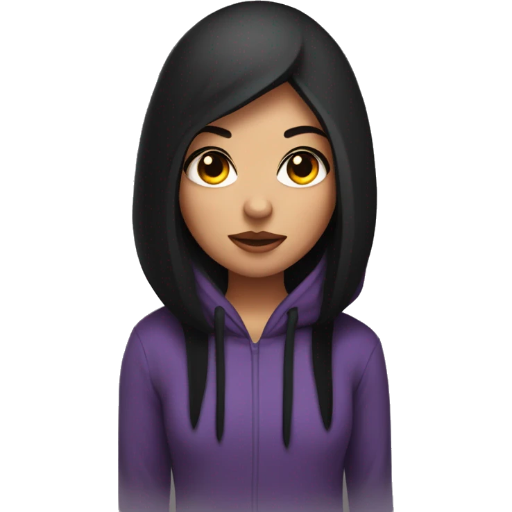 Girl with black straight hair with big eyelashes in hoodie with devil horns  emoji