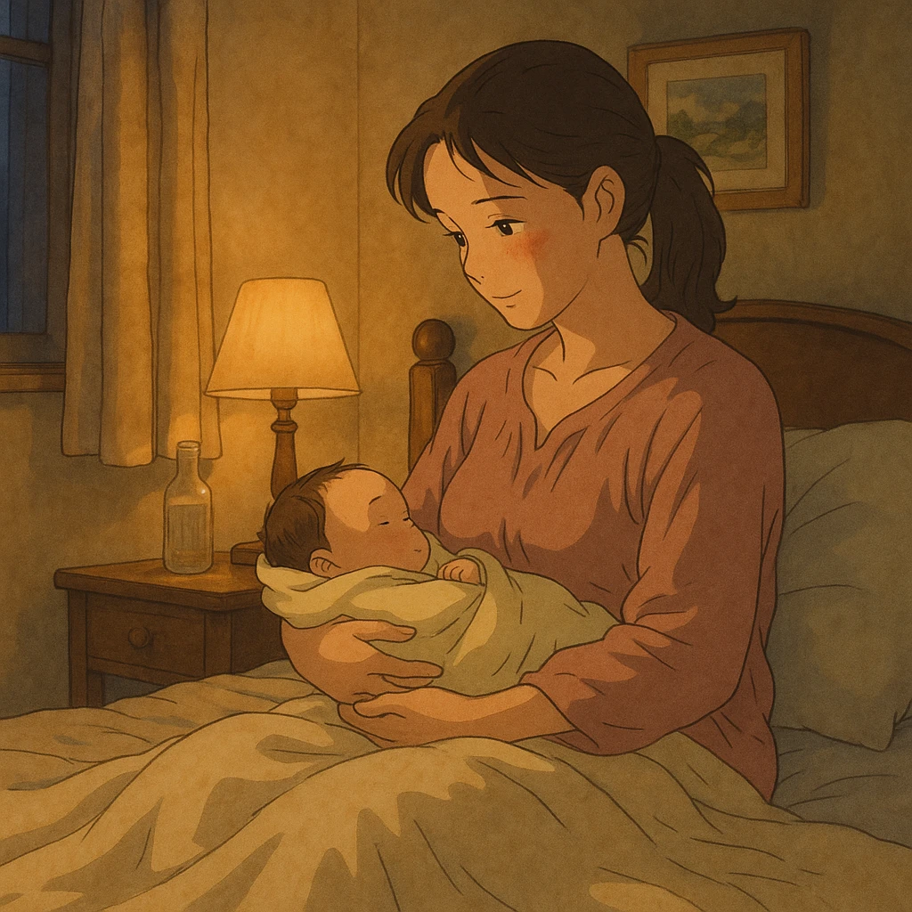 postpartum woman sitting on a bed, looking at her baby, intimate ambiance, realistic details, ghibli style emoji