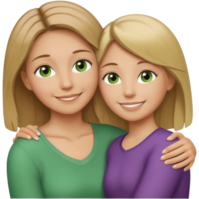 Mom daughter hugging, mom has light brown hair to collarbone and green eyes and is white with tan skin, daughter has dirty blonde hair to upper back with hazel eyes and is white with tan skin emoji