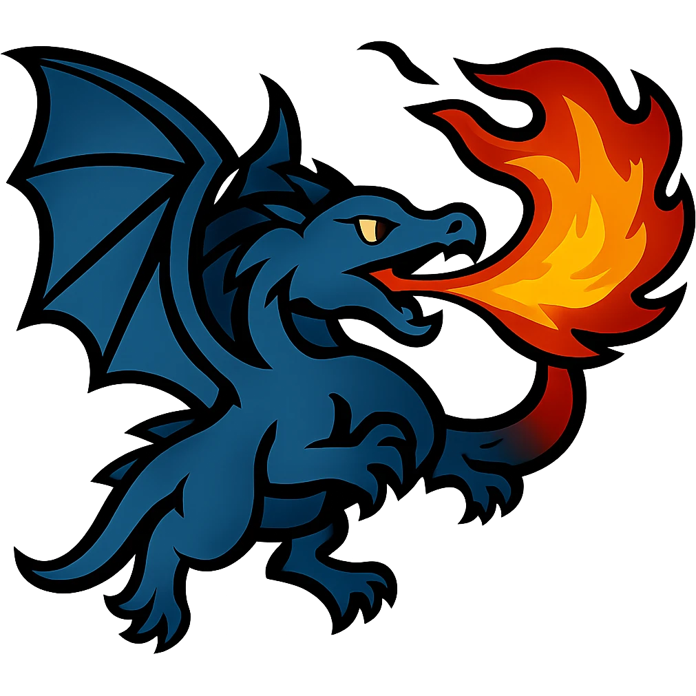 Add a dramatic fiery breath effect to this flying blue dragon, keep the style of the original image, no background. emoji