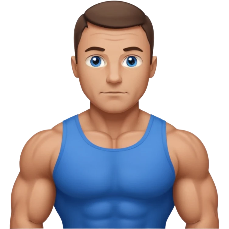 dad with very short shaved brown hair and blue eyes emoji with big muscles emoji