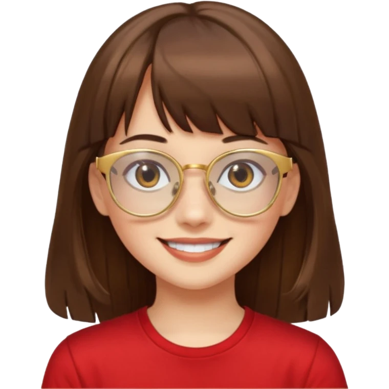 chica con piel blanca sonriendo, ojos marrones y pelo marrón largo con flequillo y lentes dorados con remera roja. emoji