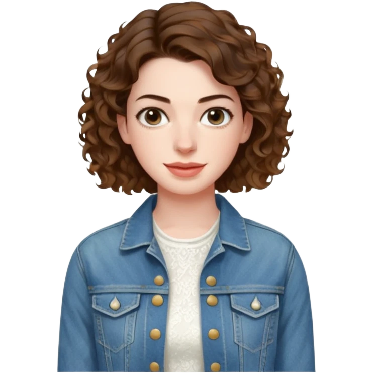 Anne Hathaway in short curly hair and white dress with denim jacket emoji